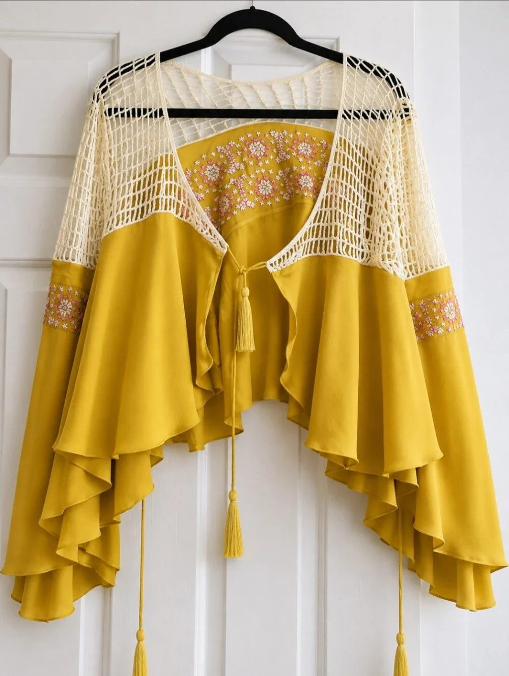 Free People Mustard Embroidered Crochet-Yoke Tunic
